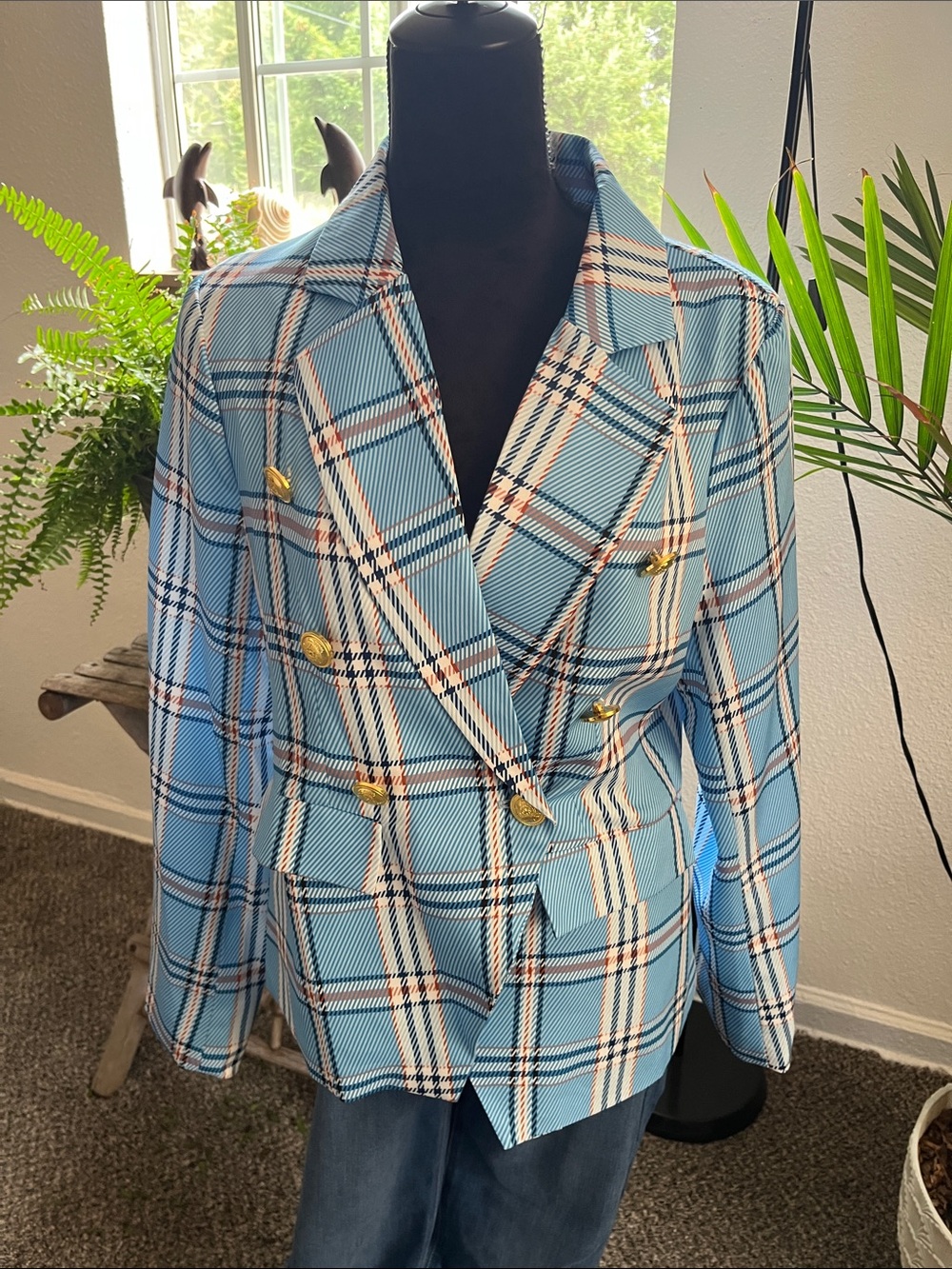 Double-Breasted Blue Plaid Blazer with Gold Buttons
